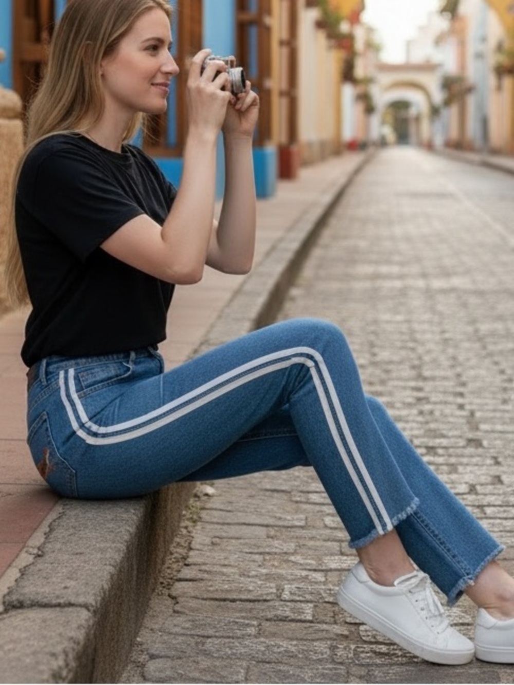 Painted back pocket jeans with side stripes s